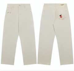 Derschutze Cartoon Embroidery Straight-Leg Jeans