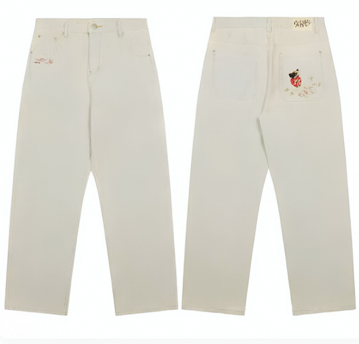 Derschutze Cartoon Embroidery Straight-Leg Jeans