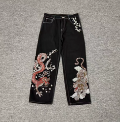 Derschutze Dragon & Tiger Embroidery Straight-Leg Jeans