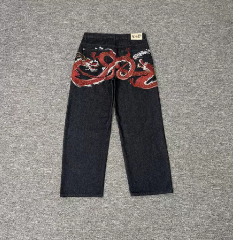 Derschutze Red Dragon Embroidery Straight-Leg Jeans