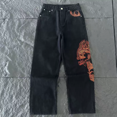 Derschutze Flame Skull Embroidery Straight-Leg Jeans