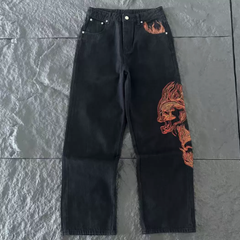 Derschutze Flame Skull Embroidery Straight-Leg Jeans